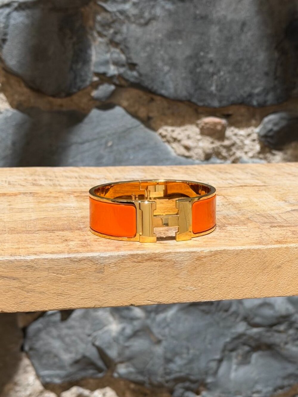 Hermès Orange Enamel Gold Plated Clic Clac H Bracelet